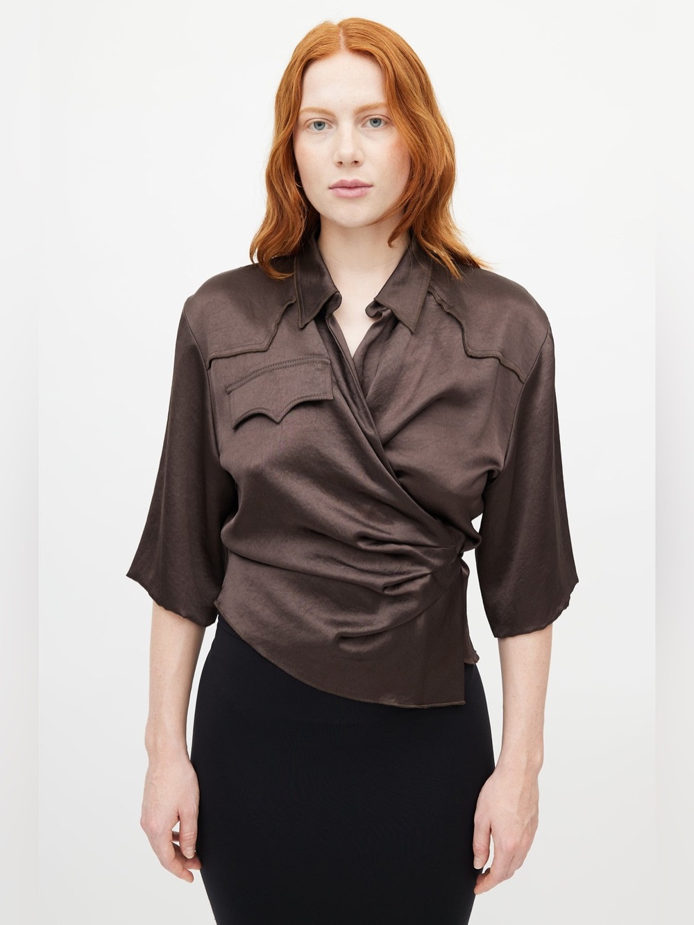 Nanushka Brown Asymmetric Satin Western Wrap Shirt
